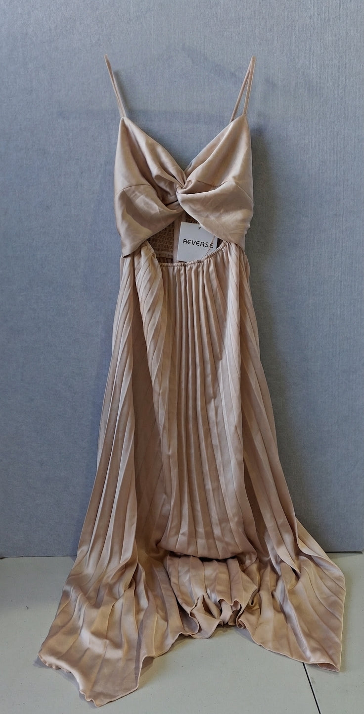 Reverse Edi Midi Dress - Champagne Satin Pleated Cutout - Image 1