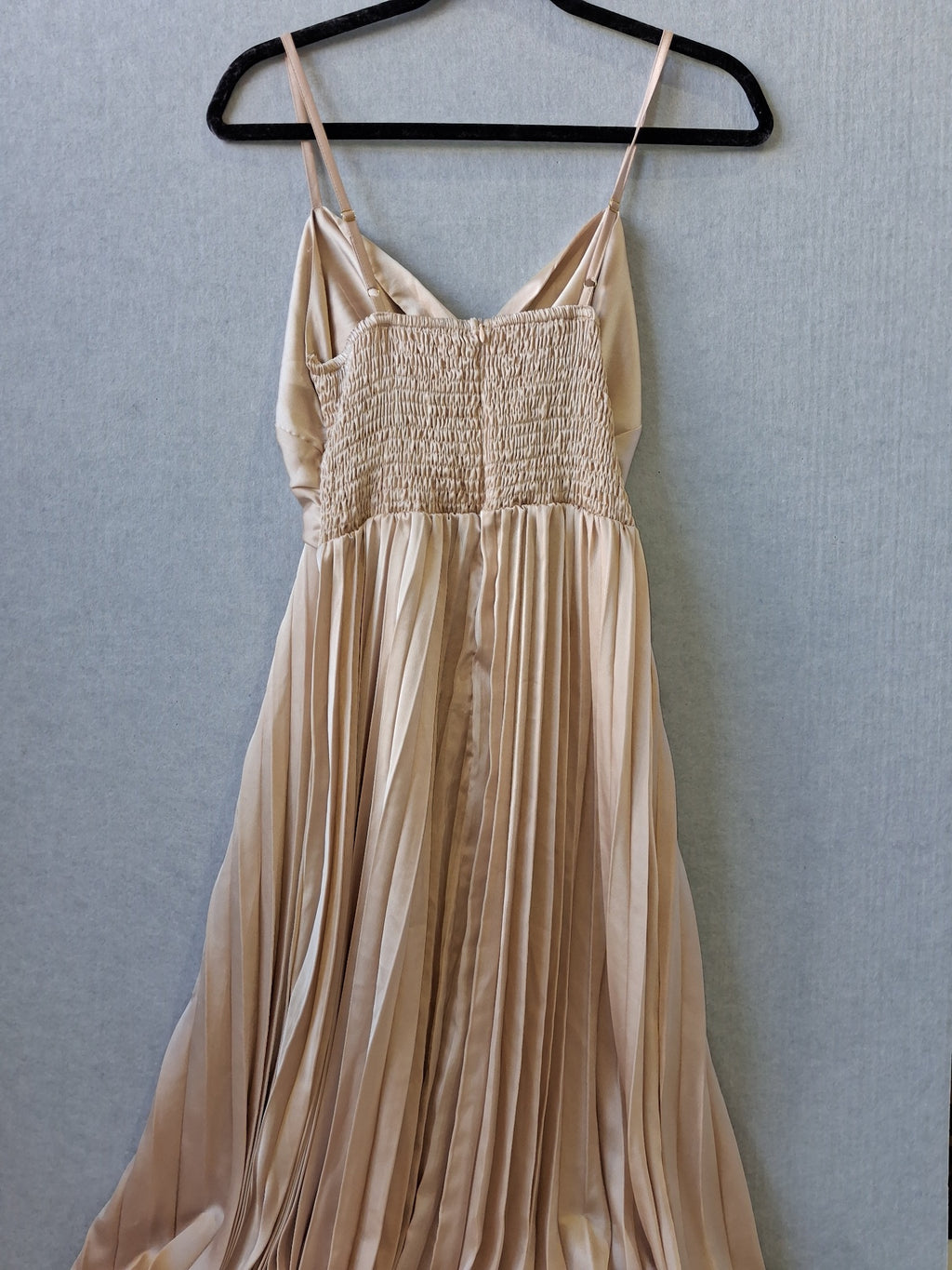 Reverse Edi Midi Dress - Champagne Satin Pleated Cutout - Image 2