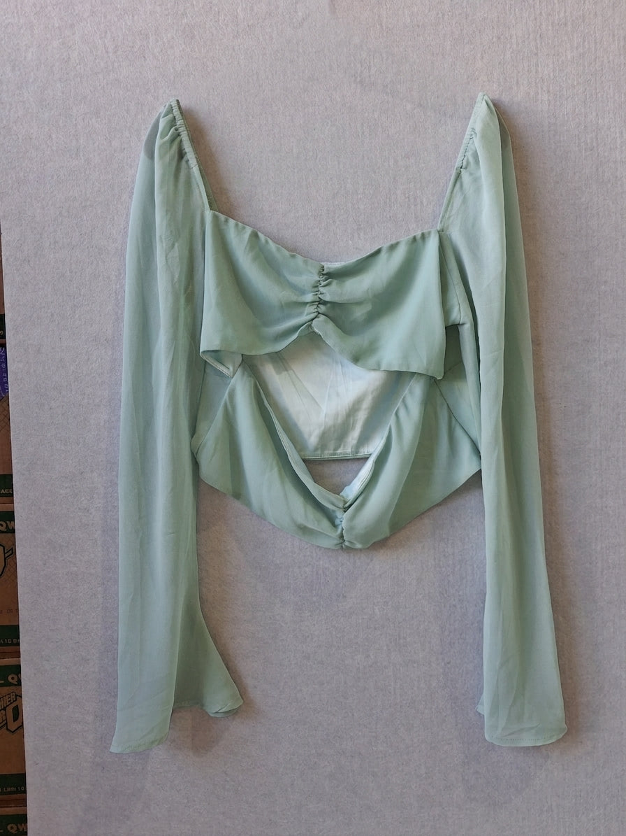 Princess Polly Sage Green Chiffon Cutout Long Sleeve Crop Top - Image 1